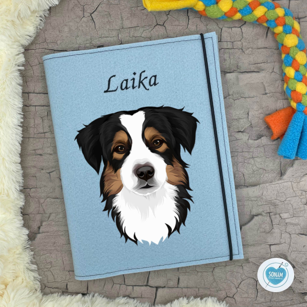 Dokumentenhülle hellblau Designbeispiel Australian Shepherd black tri